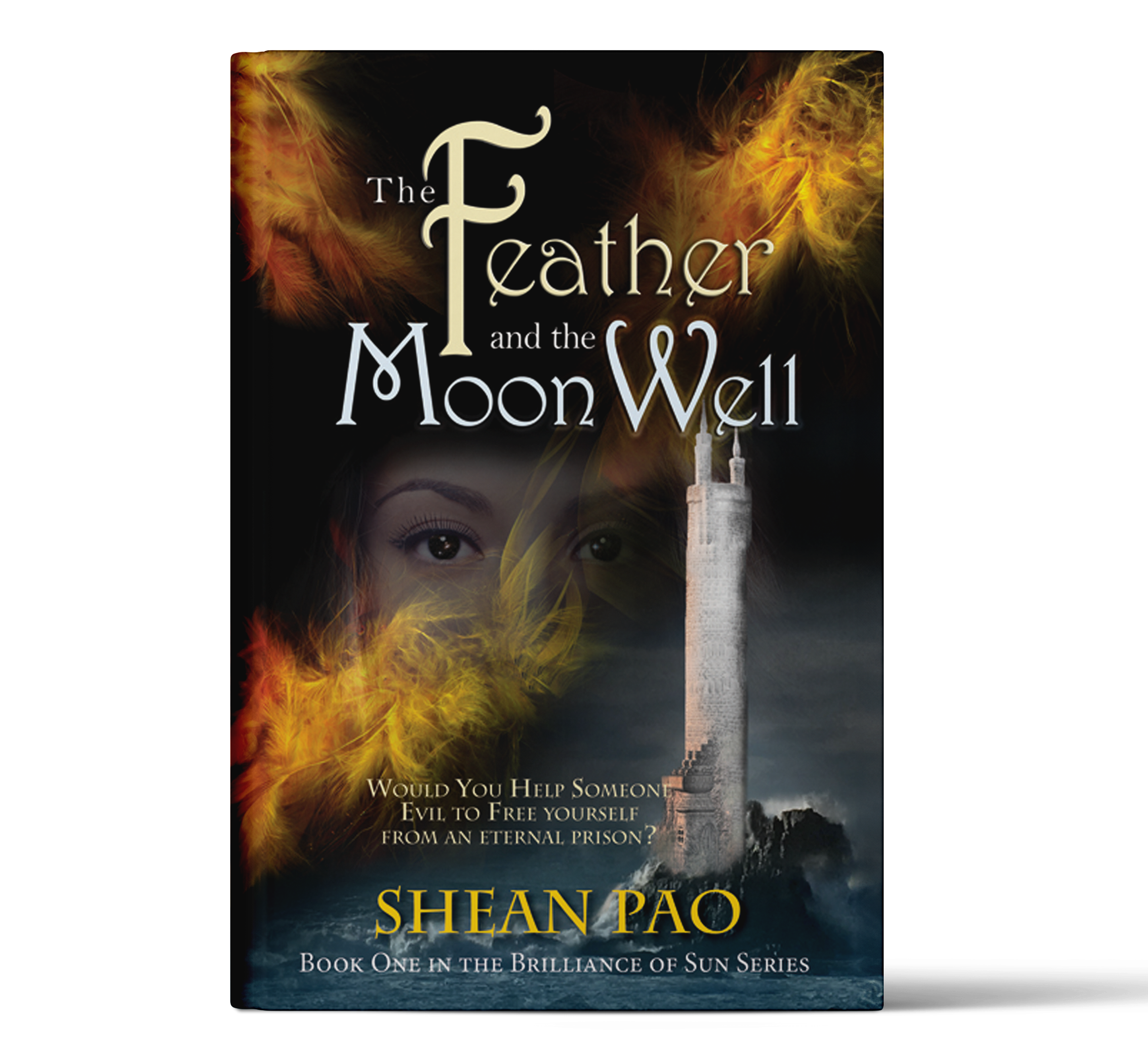 Feather and MoonWell Book Cover A tower sits in the background of a windy coastline, a womans eyes are faded in the background looking out into the sea